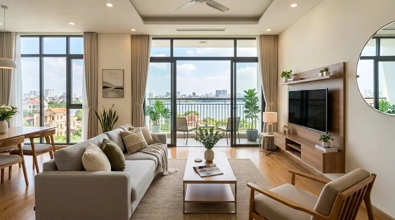 Bright 1BR with balcony and lake glimpse