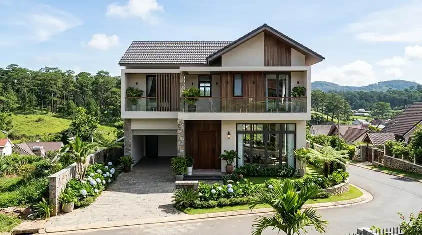 Hillside house with pine forest view